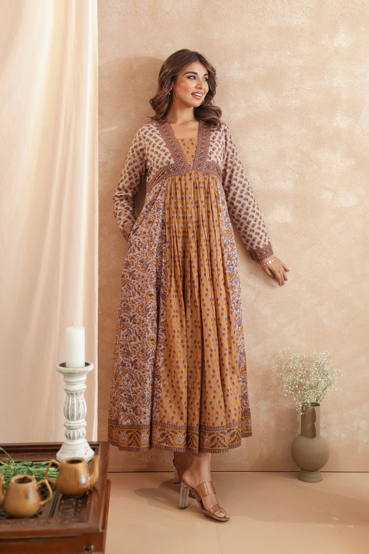 Mustard Grey Floral Panel Nyra Dress