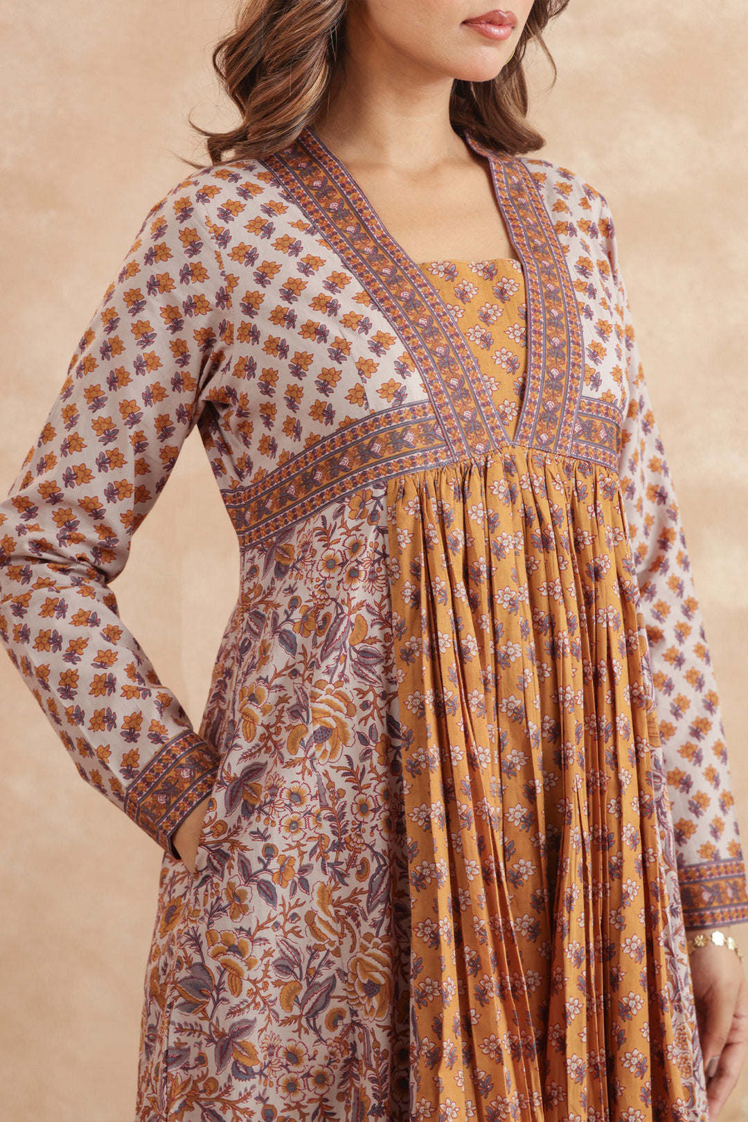 Mustard Grey Floral Panel Nyra Dress