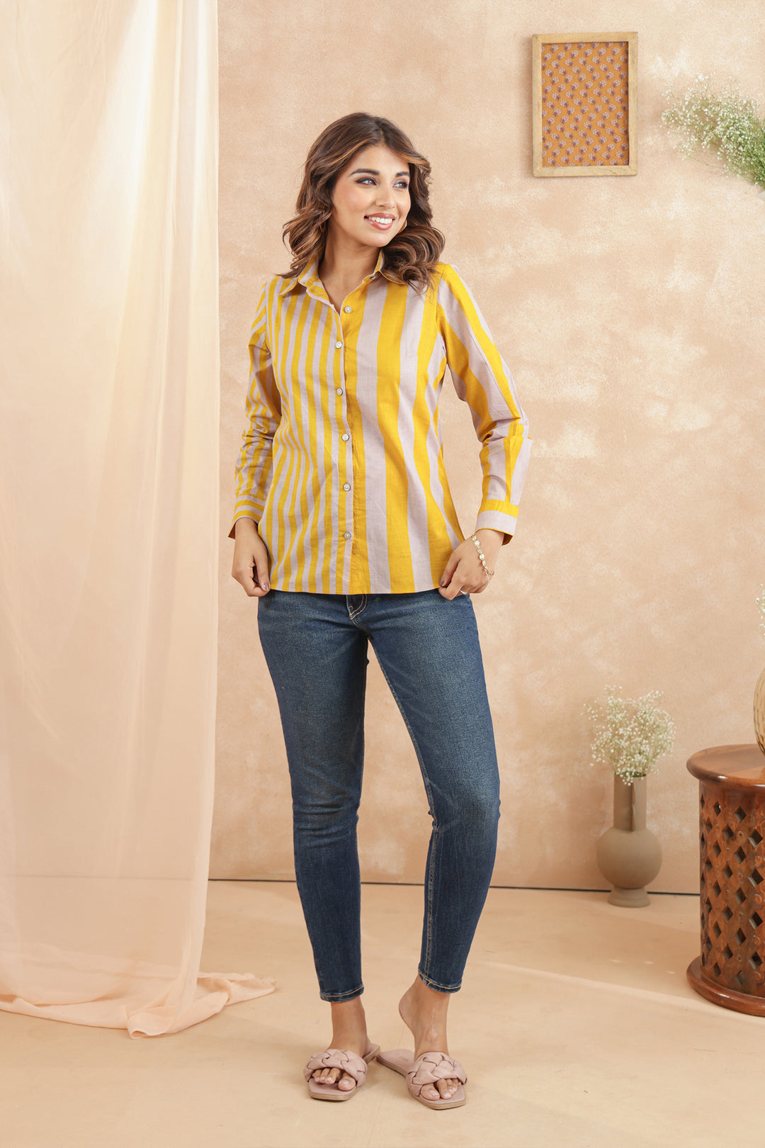 Erica Yellow Stripe Women Shirt