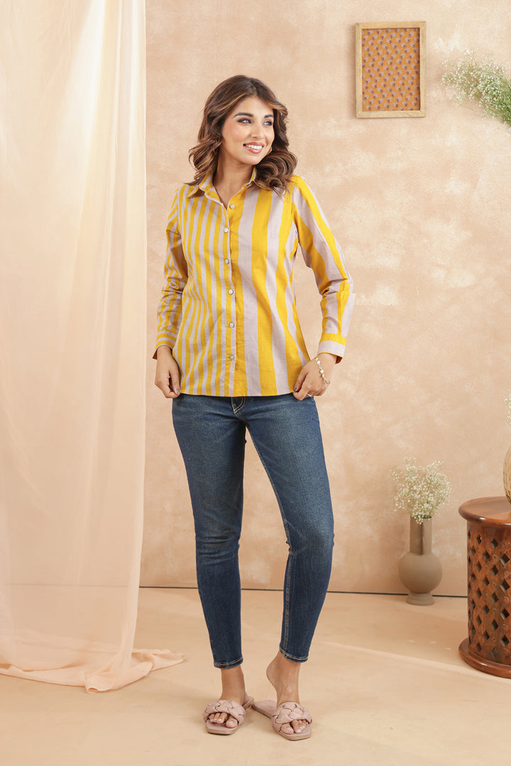 Erica Yellow Stripe Women Shirt