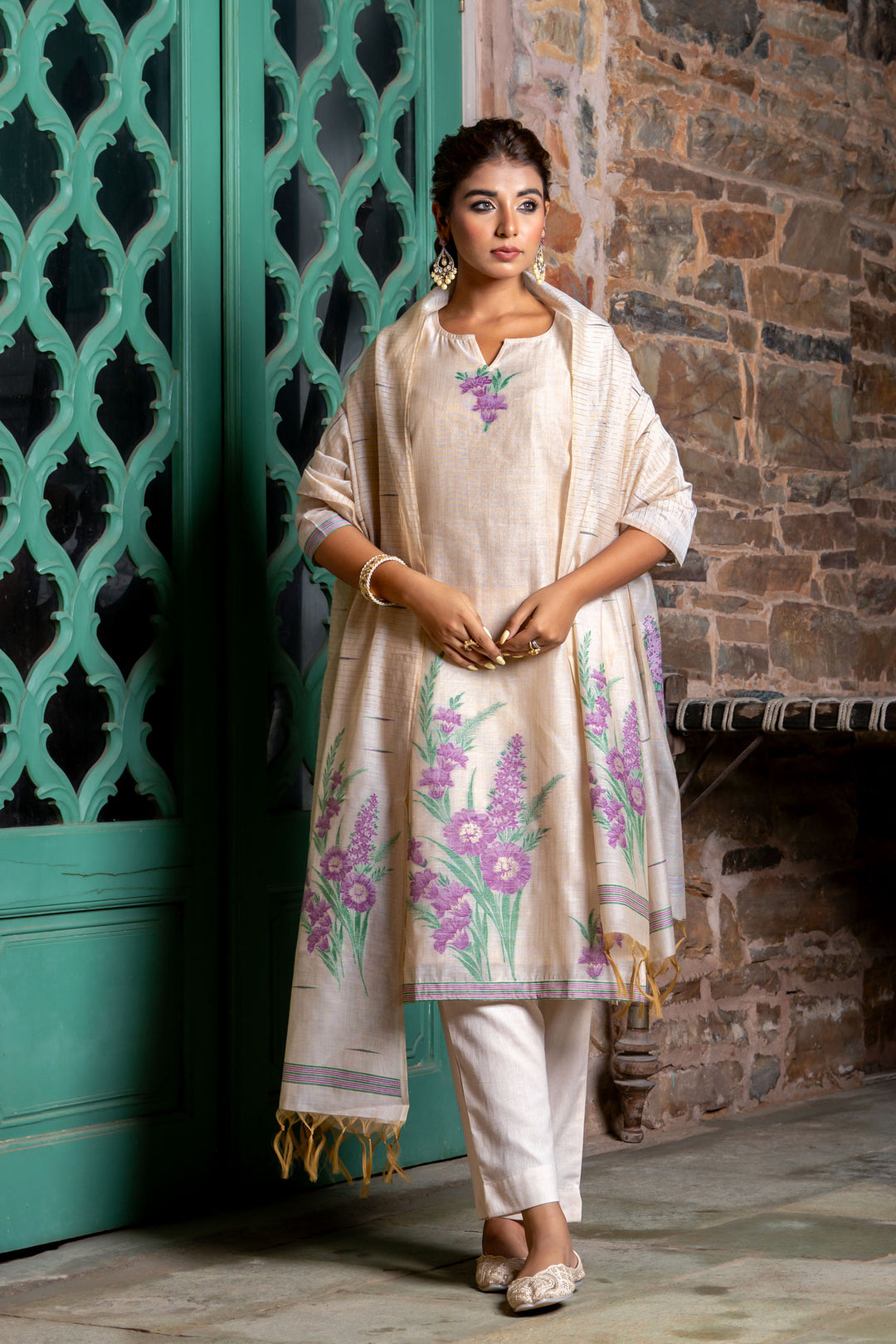 Light Beige Purple Buta Kurta Set