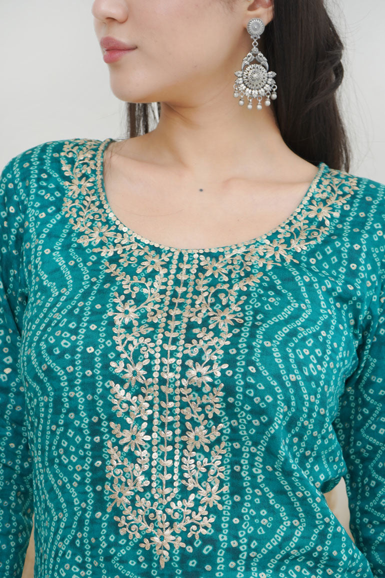 Turquoise Bandhej Necklace Kurta Set