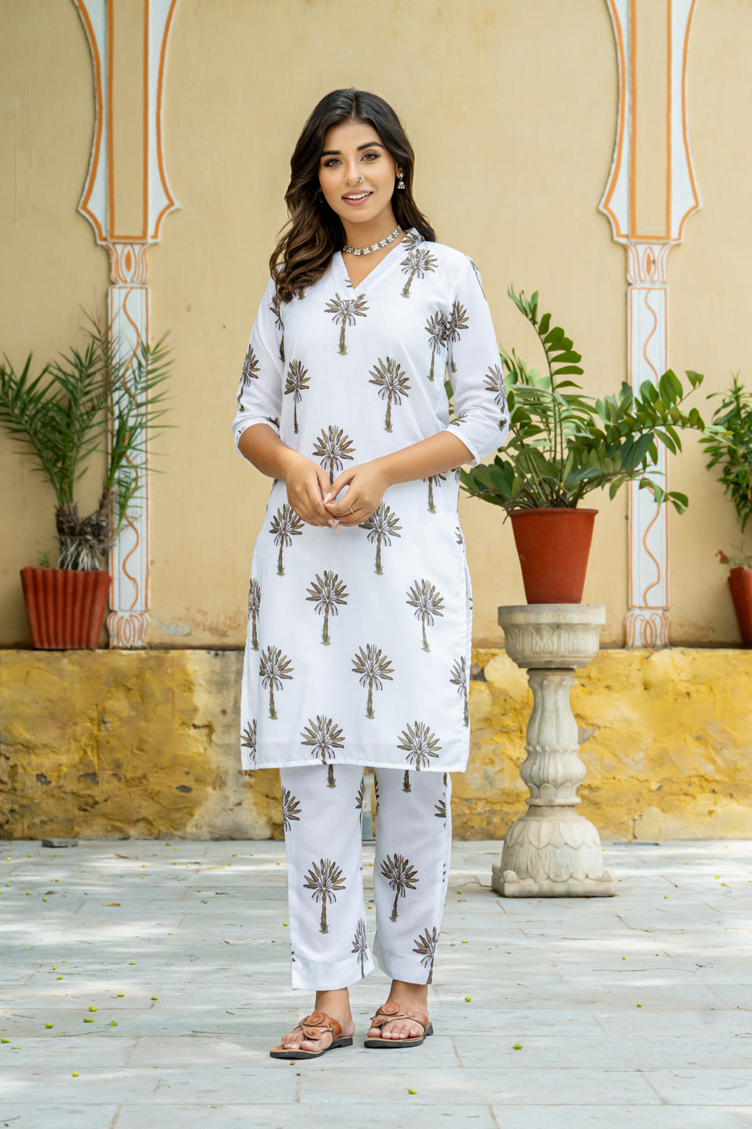 Off-White Green Palm Mughal Kurta set