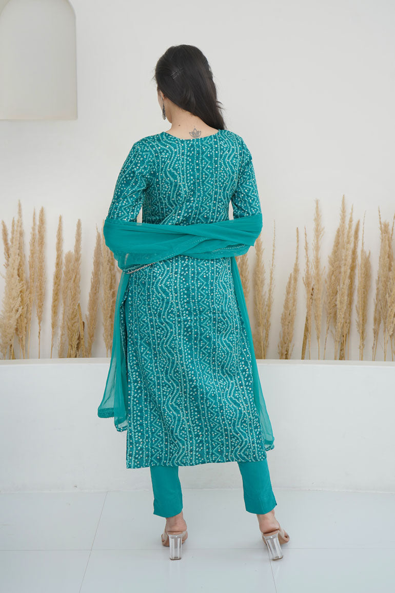 Turquoise Bandhej Necklace Kurta Set