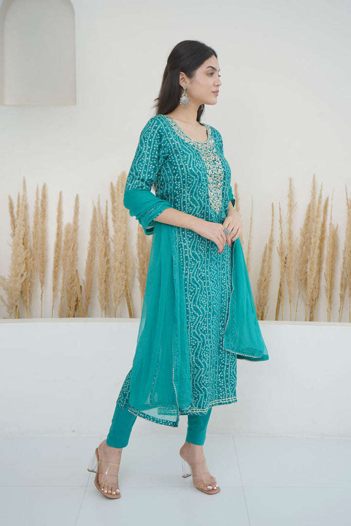 Turquoise Bandhej Necklace Kurta Set