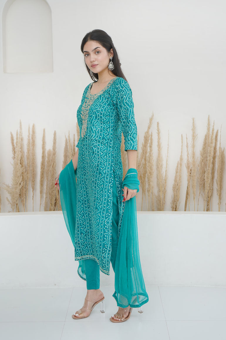 Turquoise Bandhej Necklace Kurta Set