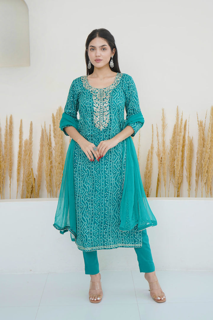 Turquoise Bandhej Necklace Kurta Set