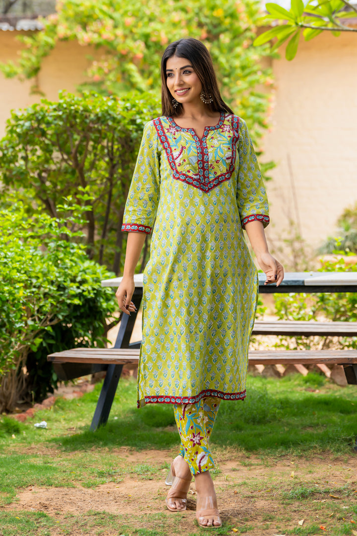 Green Red Floral Patch Kurta Set