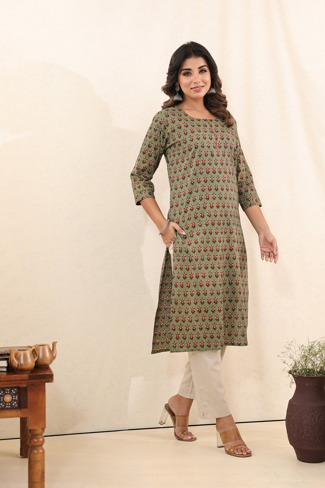 Olive Green Buti Kurta