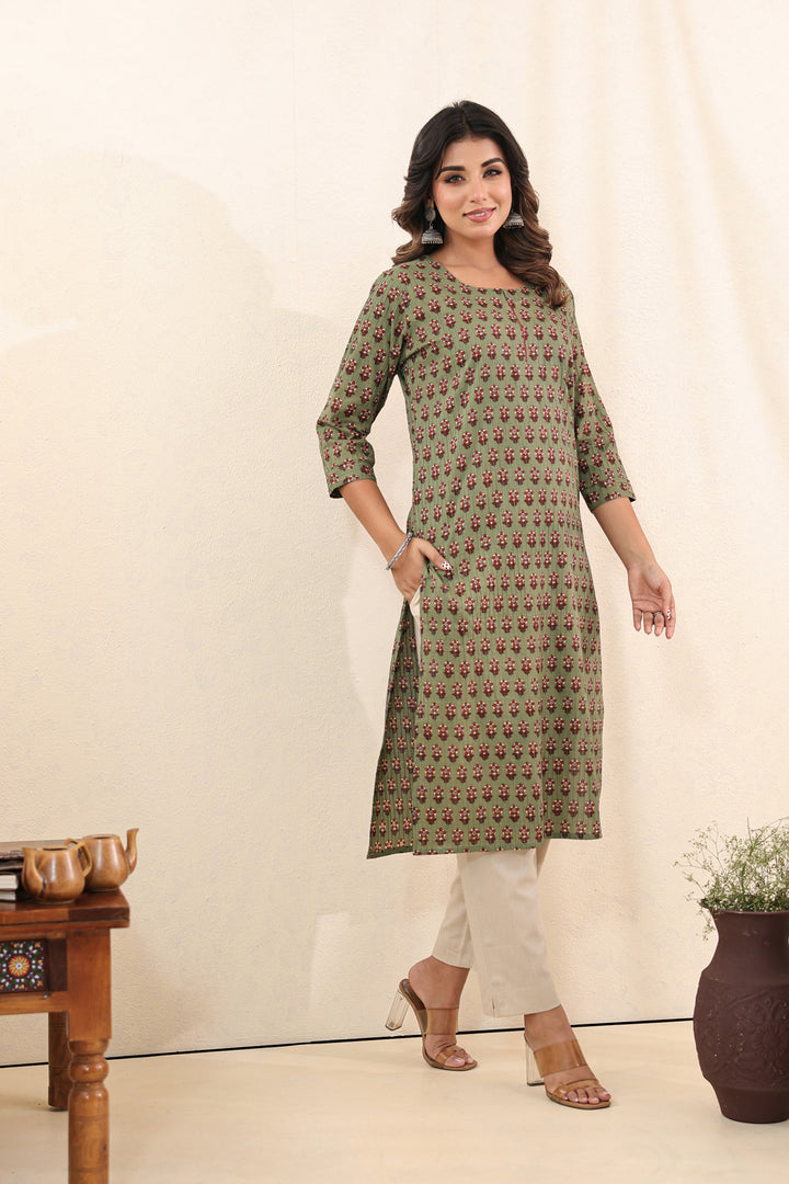Olive Green Buti Kurta Set