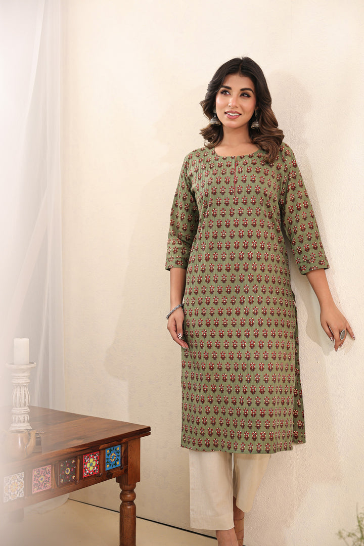 Olive Green Buti Kurta Set