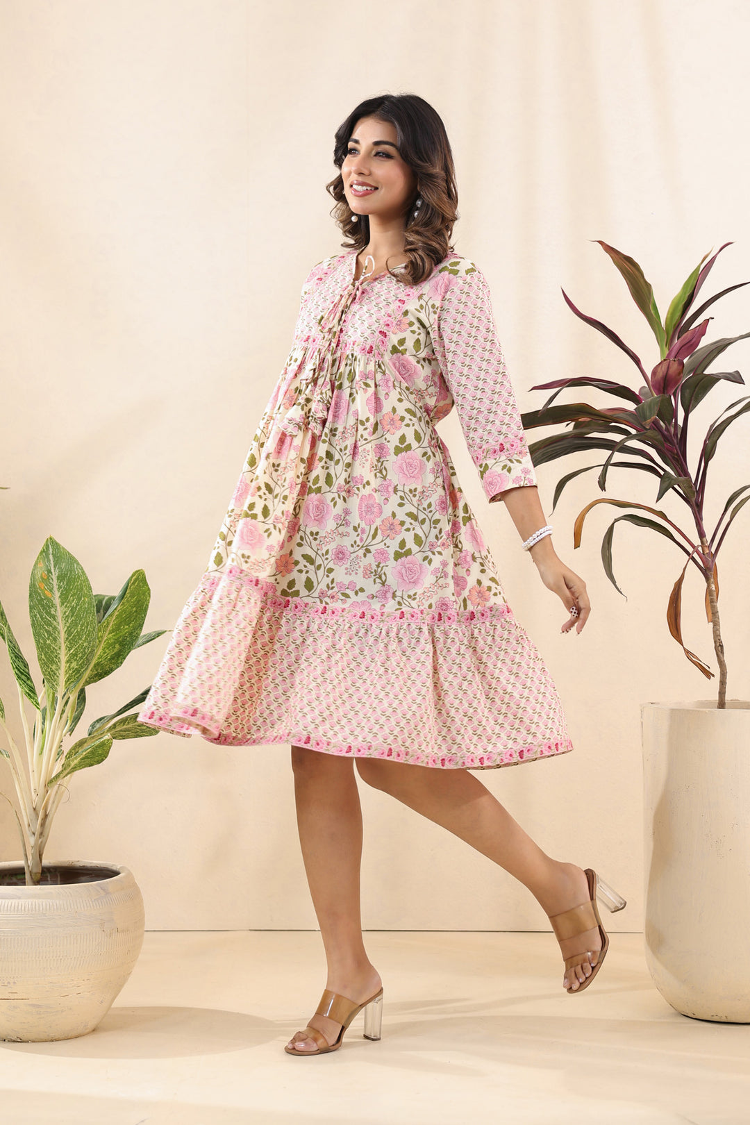 Pink Floral Midi Dress