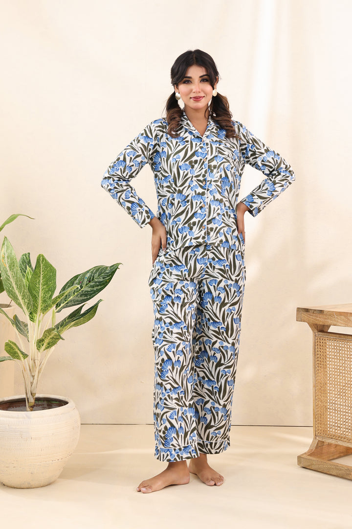 White Blue Floral PJ Set