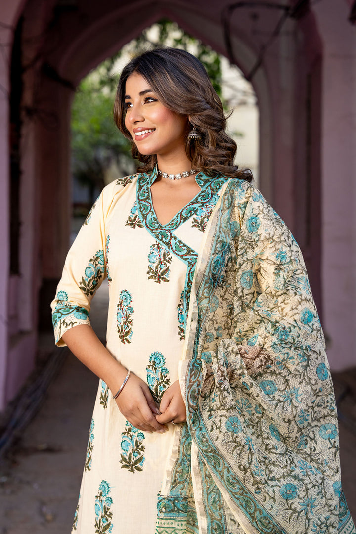 Beige Blue Neon Buta Kurta Set
