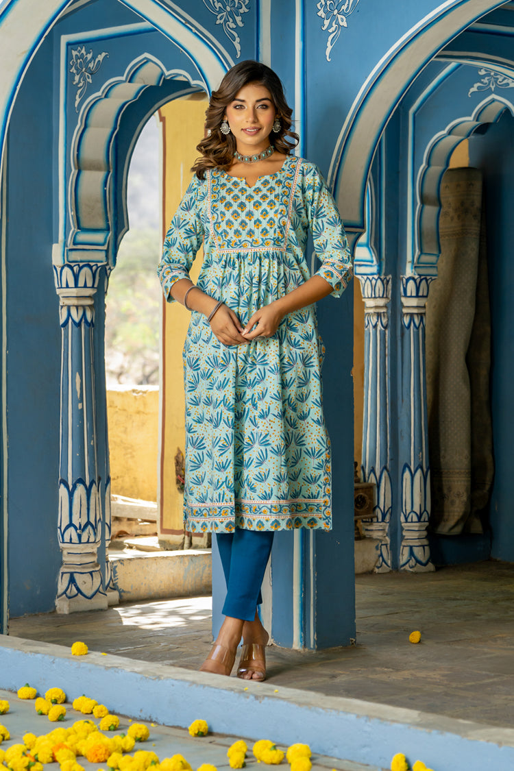 Blue Buti Floral Pintucks Kurti