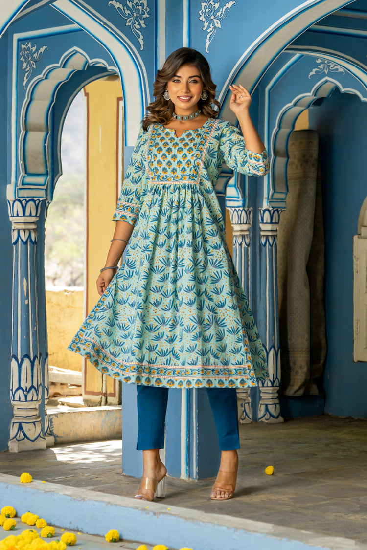 Blue Buti Floral Pintucks Kurti