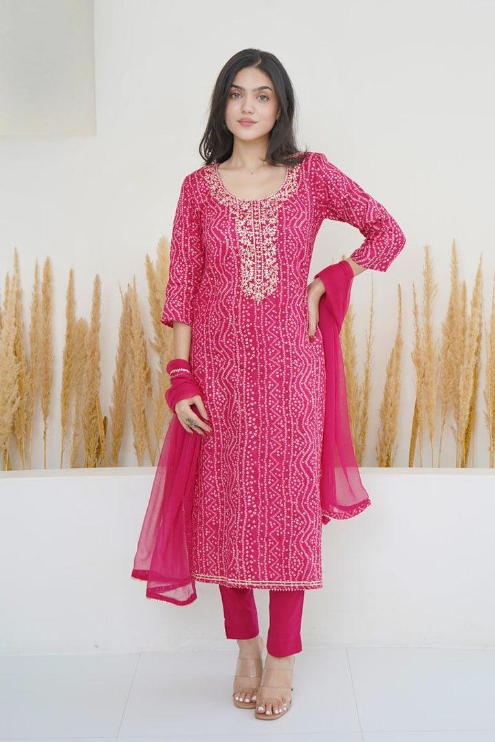 Pink Bandhej Necklace Kurta Set