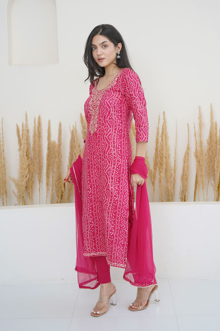 Pink Bandhej Necklace Kurta Set