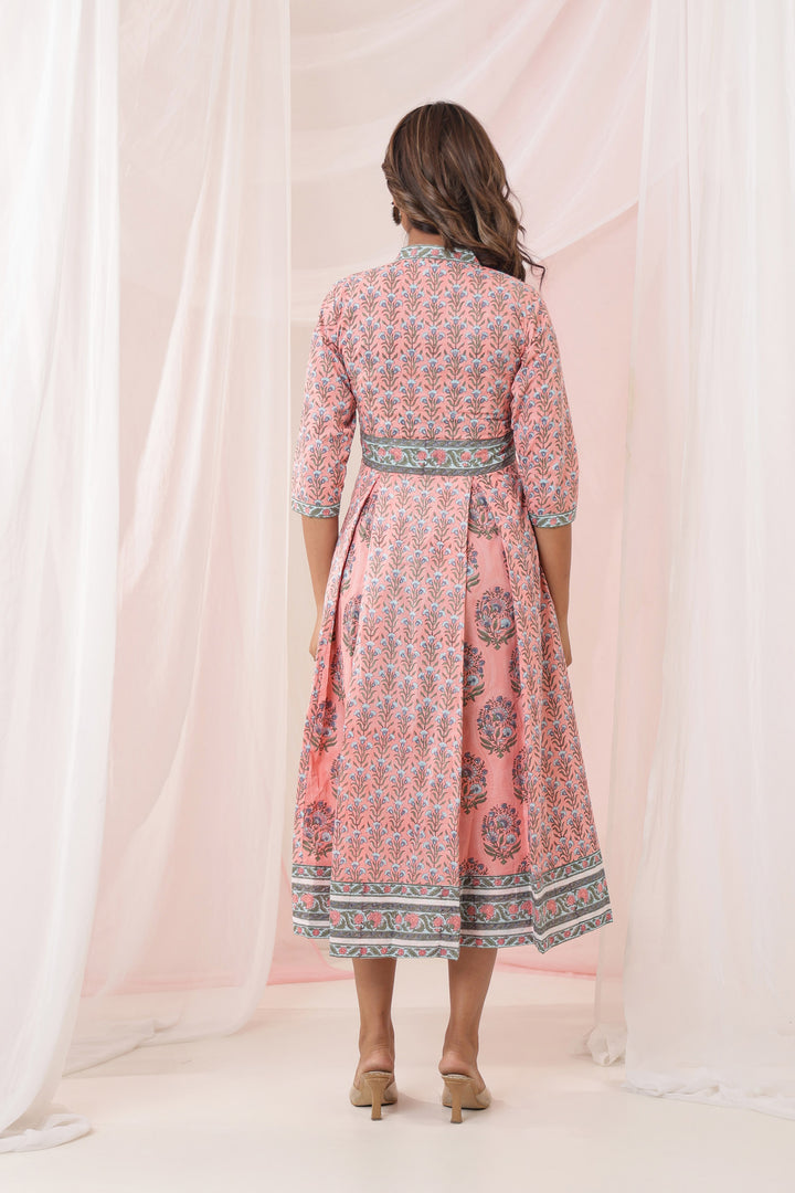 Peach Blue Mughal Box Pleat Midi Dress
