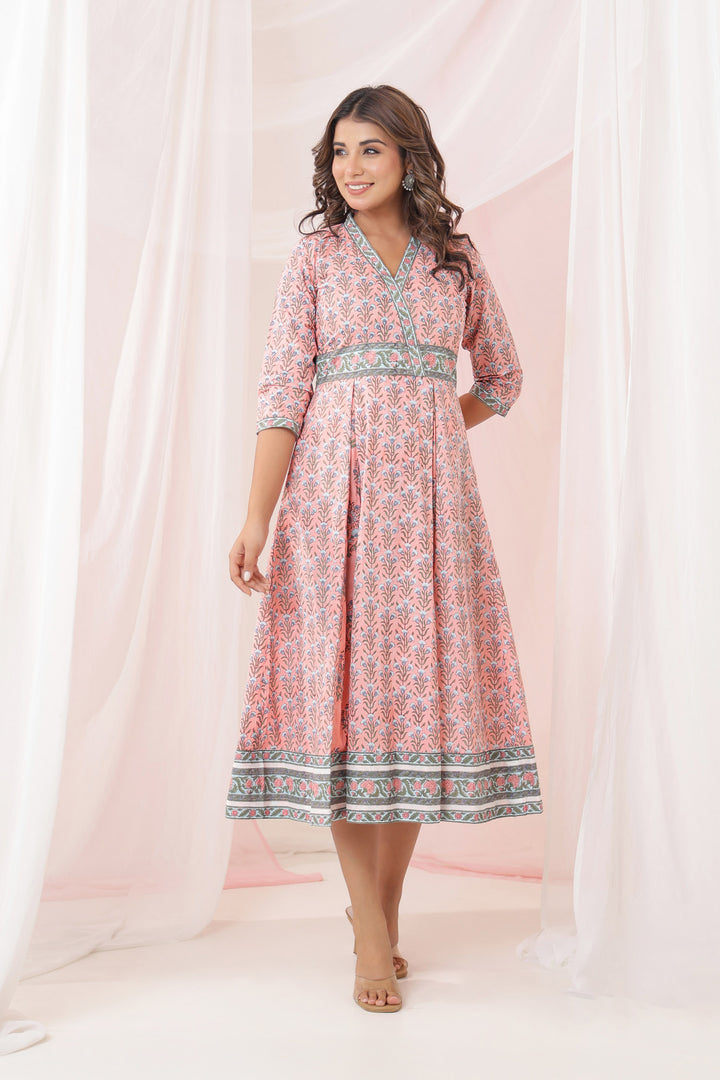 Peach Blue Mughal Box Pleat Midi Dress