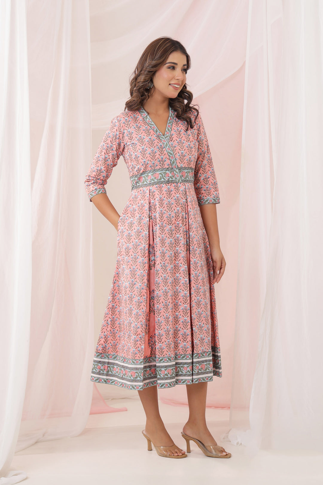 Peach Blue Mughal Box Pleat Midi Dress