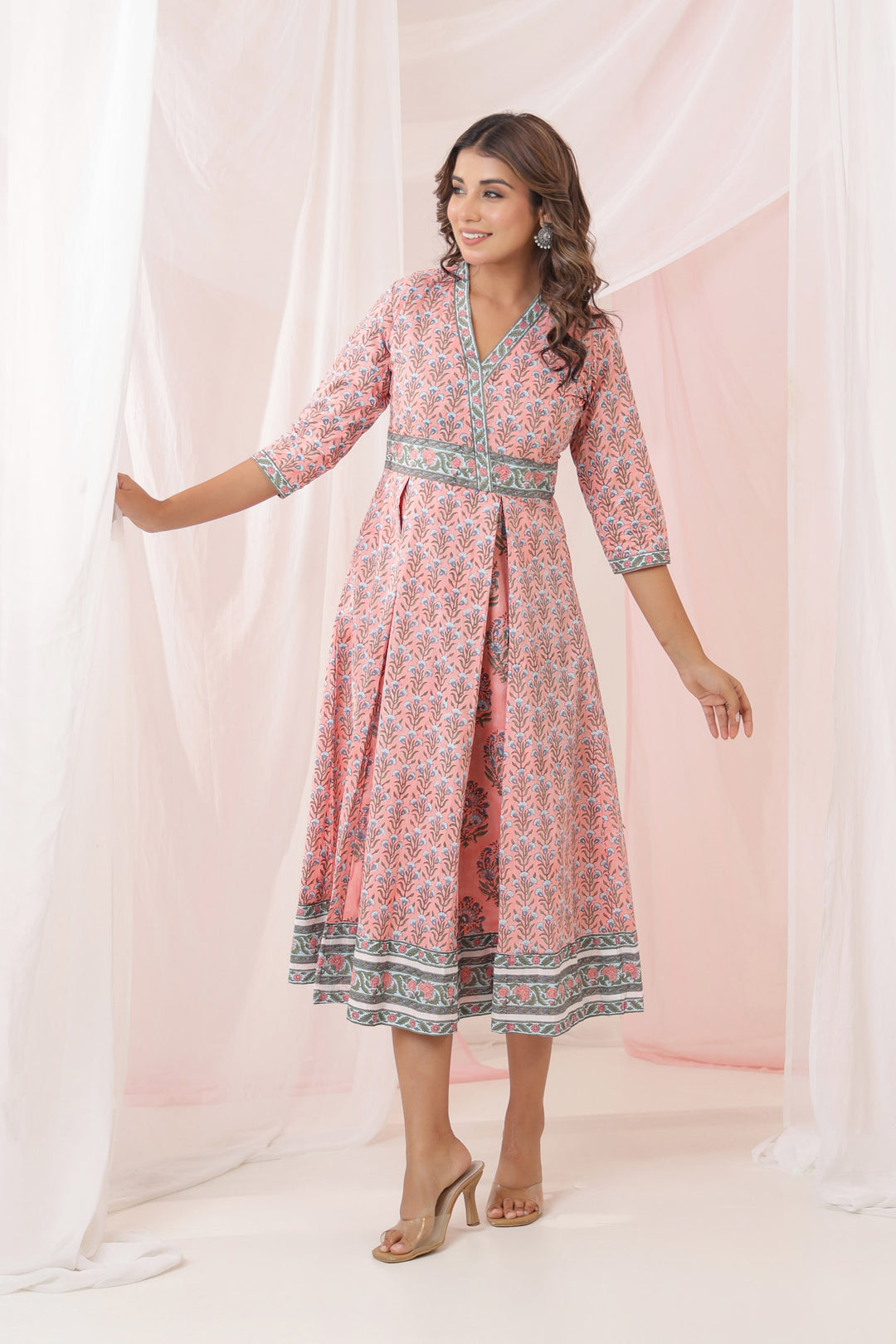 Peach Blue Mughal Box Pleat Midi Dress