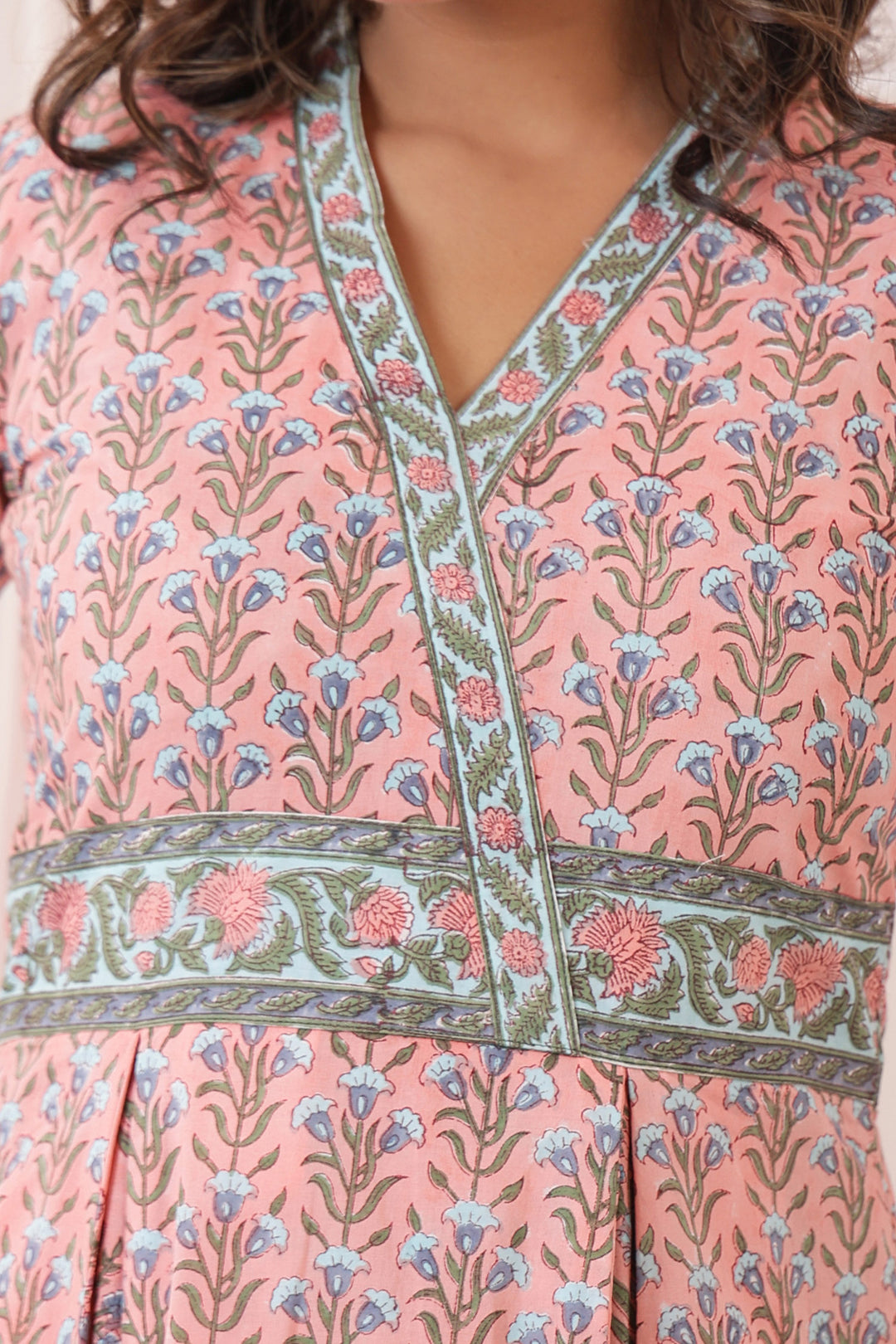 Peach Blue Mughal Box Pleat Midi Dress