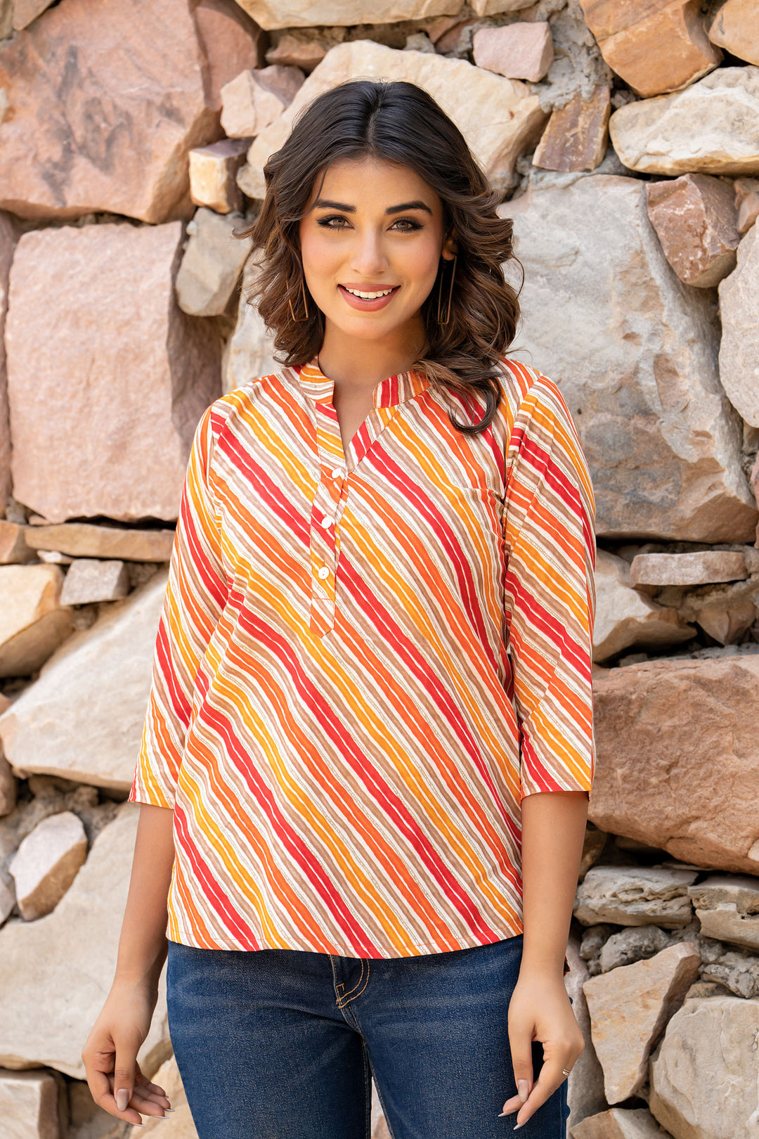 Orange Lehariya Short Kurta