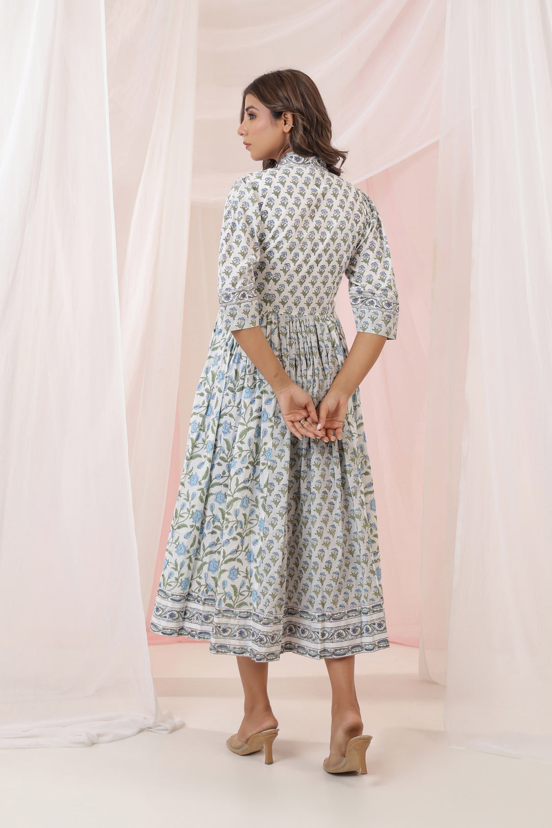 Grey Blue Mughal Floral Print Nyra Dress