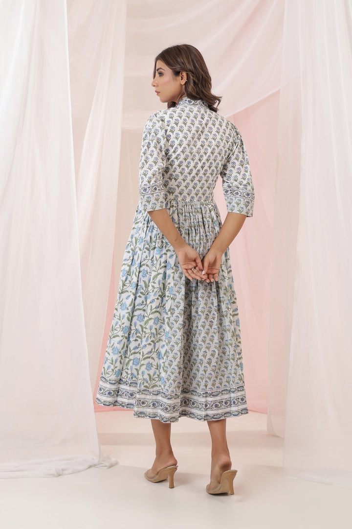Grey Blue Mughal Floral Print Nyra Dress