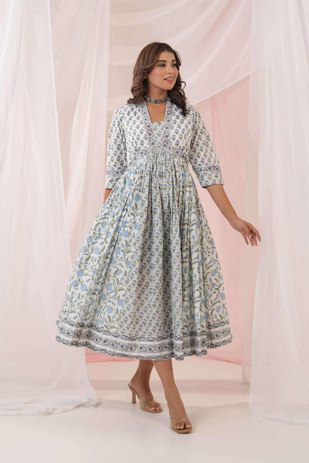 Grey Blue Mughal Floral Print Nyra Dress