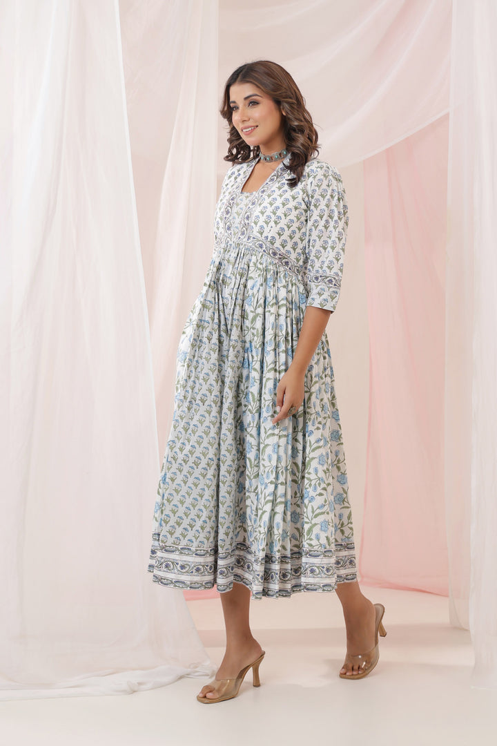 Grey Blue Mughal Floral Print Nyra Dress