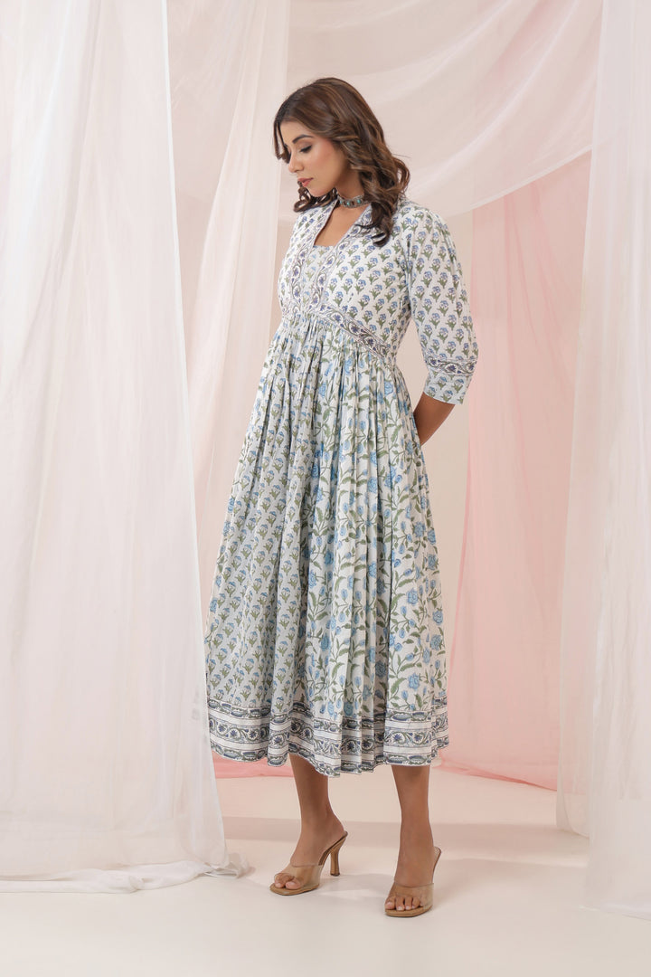 Grey Blue Mughal Floral Print Nyra Dress