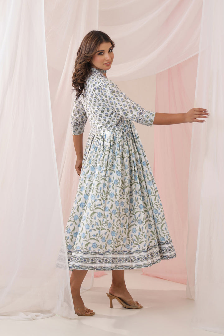 Grey Blue Mughal Floral Print Nyra Dress
