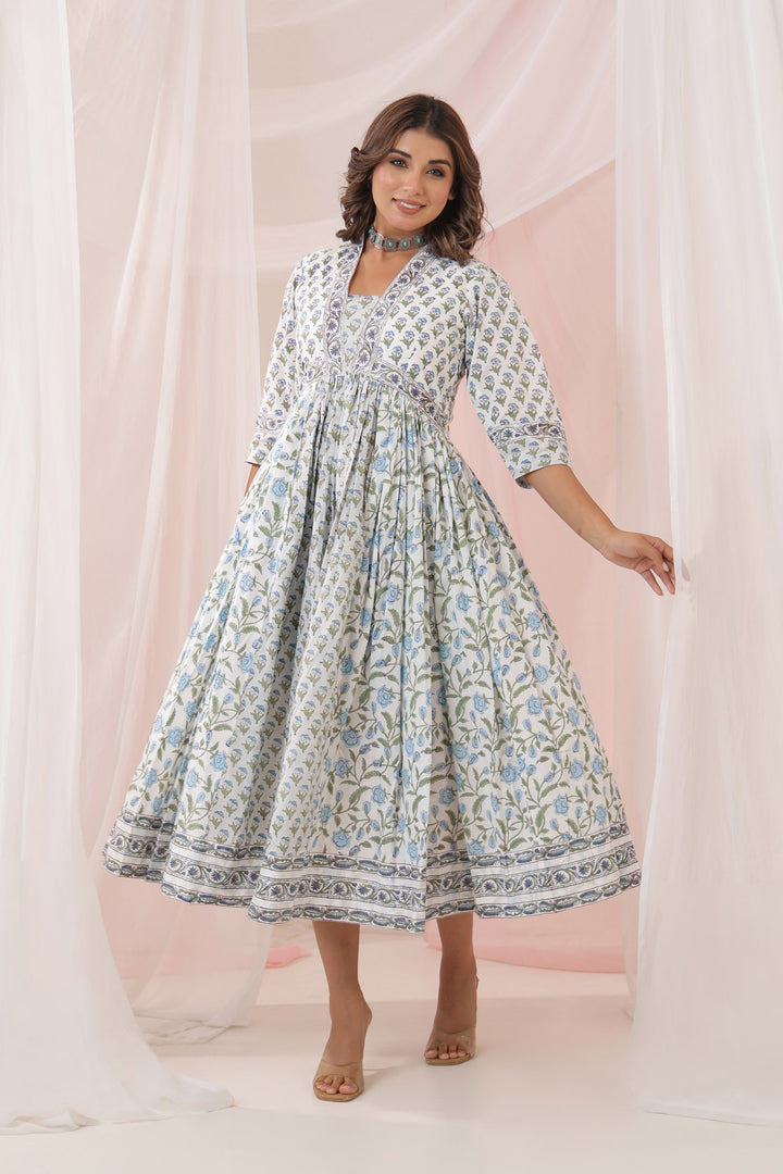 Grey Blue Mughal Floral Print Nyra Dress