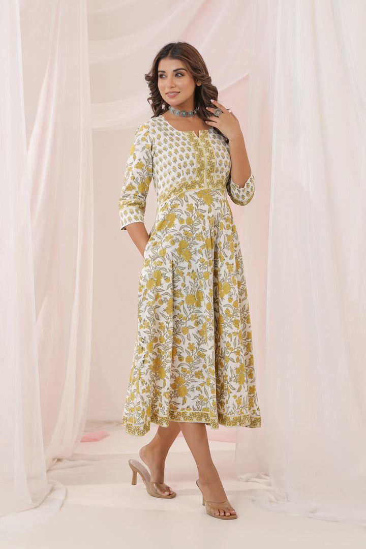 White Yellow Buti Floral Dress