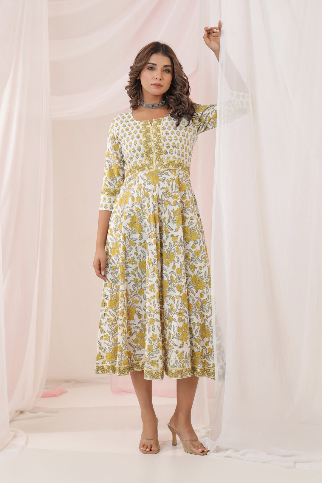 White Yellow Buti Floral Dress