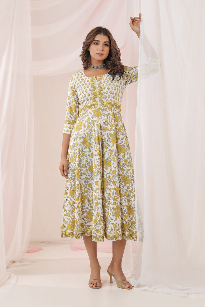 White Yellow Buti Floral Dress