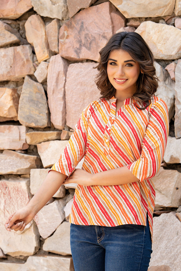 Orange Lehariya Short Kurta
