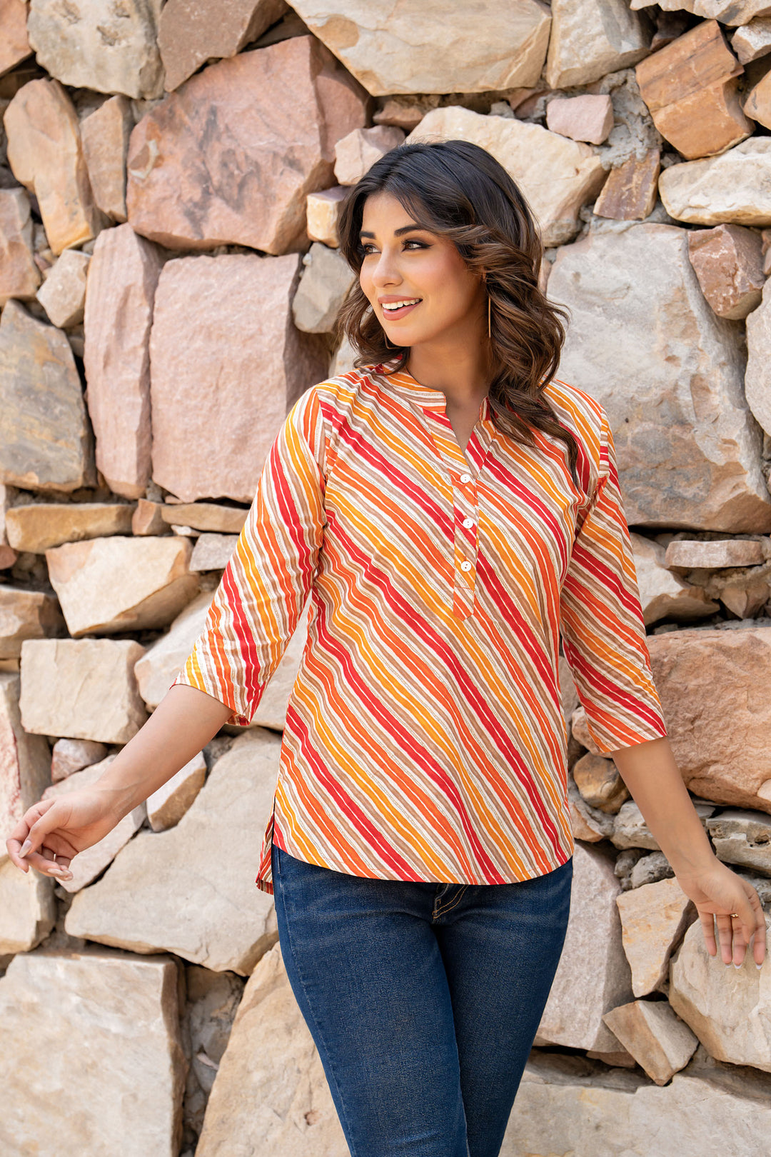 Orange Lehariya Short Kurta
