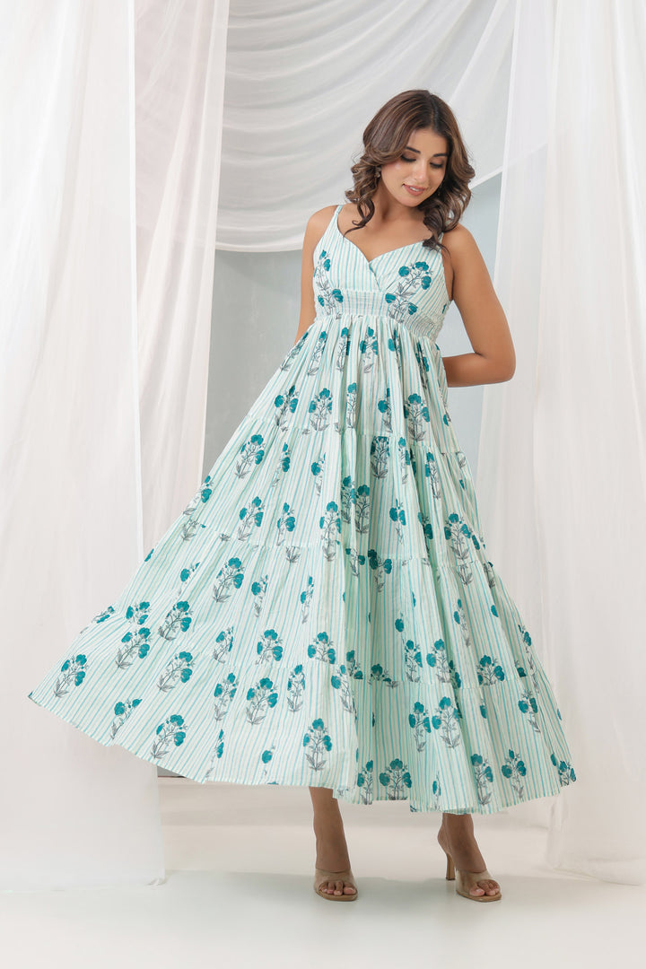Turquoise Stripe Mughal Free Size Dress