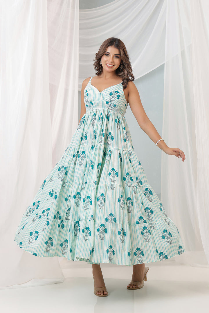Turquoise Stripe Mughal Free Size Dress