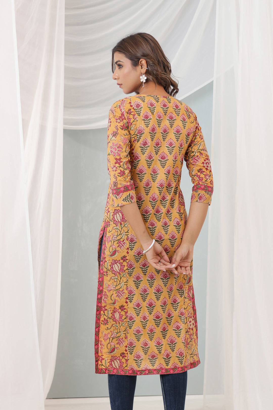 Mustard Pink Pony Pleats kurti