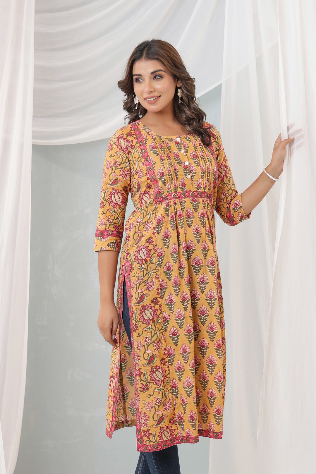 Mustard Pink Pony Pleats kurti