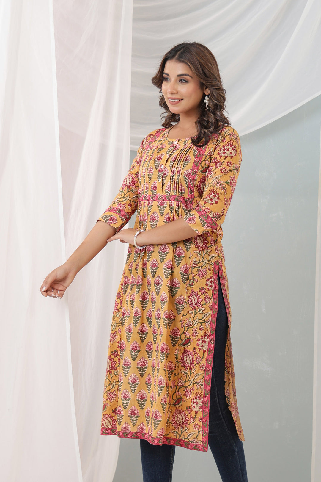 Mustard Pink Pony Pleats kurti