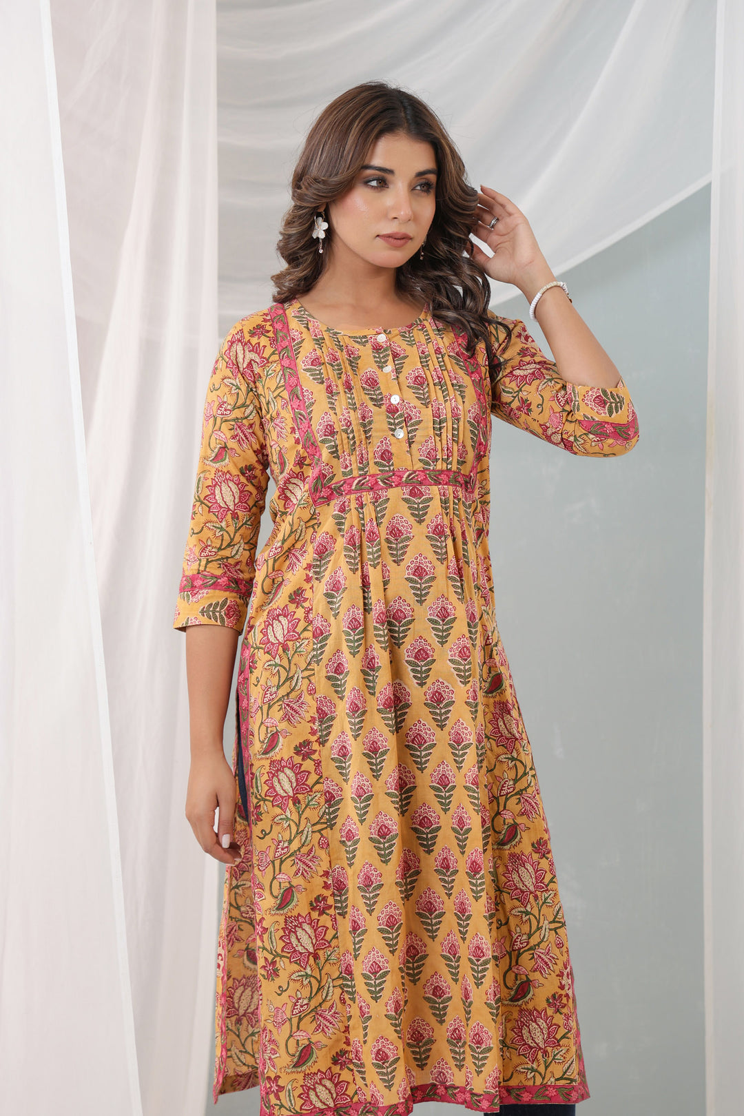 Mustard Pink Pony Pleats kurti