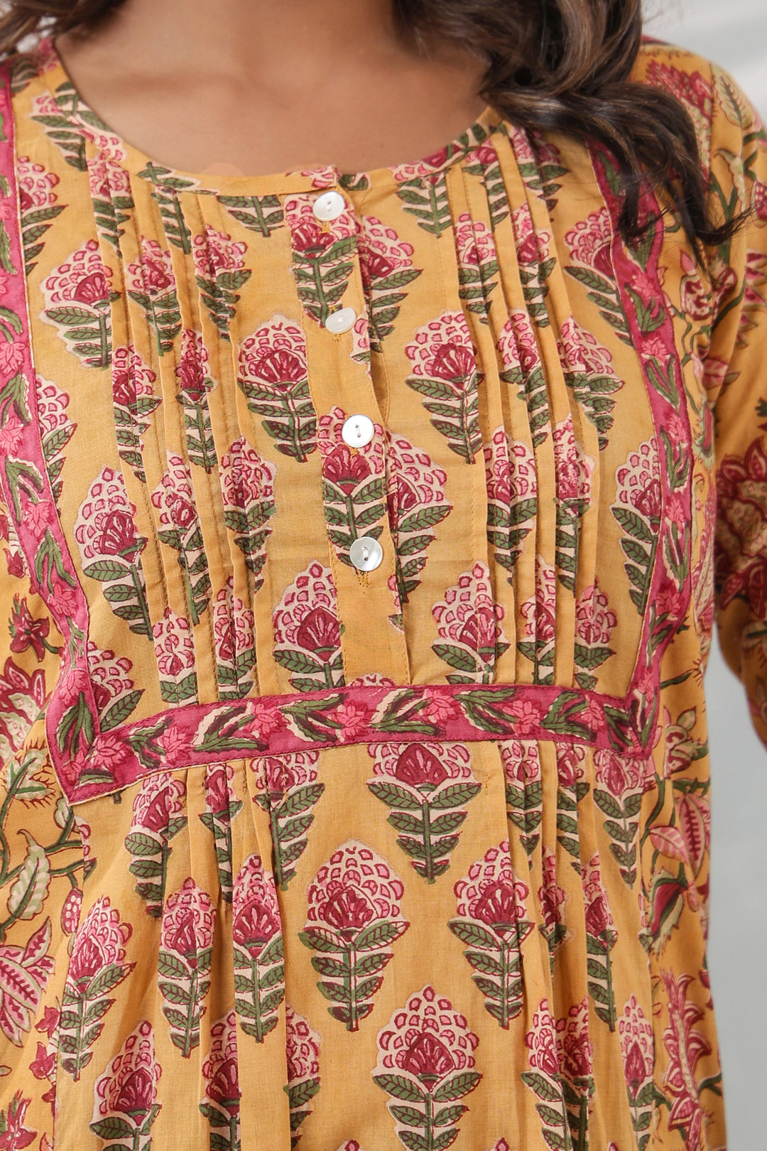 Mustard Pink Pony Pleats kurti