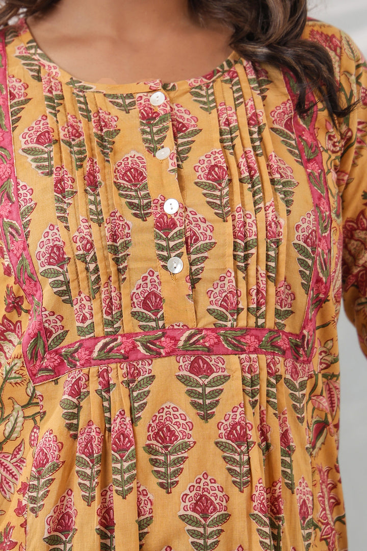 Mustard Pink Pony Pleats kurti