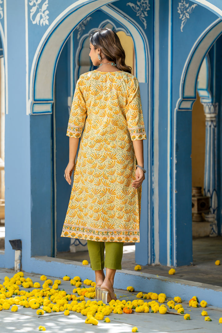 Yellow Buti Floral Pintucks Kurti