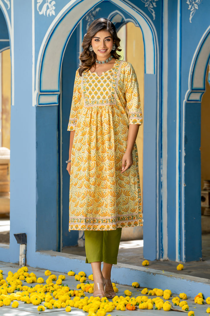 Yellow Buti Floral Pintucks Kurta Set